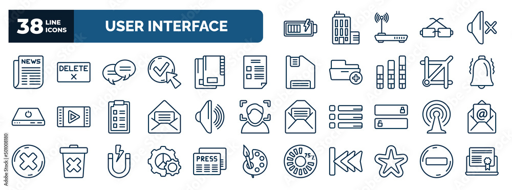 set of user interface web icons in outline style. thin line icons such ...