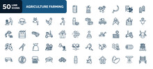 Set Of 50 Agriculture Farming Web Icons In Outline Style. Thin Line Icons Such As Barrell, Silo, Farmer Hoeing, Farm Products, Tractor, Farm Field, Sack, Vegetable, Fruit, Trough, Sprinkler Vector.