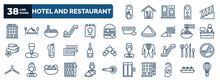 Set Of Hotel And Restaurant Web Icons In Outline Style. Thin Line Icons Such As Do Not Disturb, Hostel, Spaghetti, Cheese Burger, Receptionist, Champagne, Eating Utensils, Minibar, Doorknob, Dim