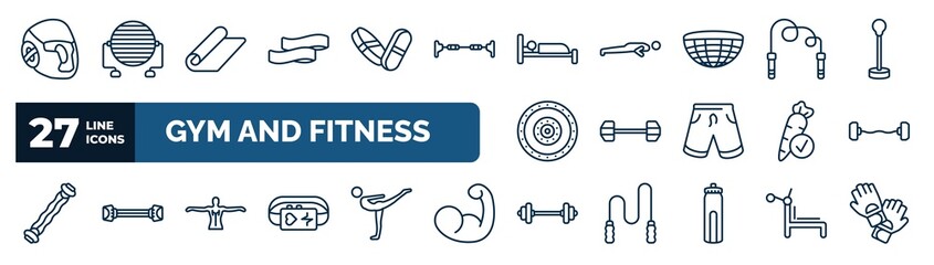Poster - set of gym and fitness web icons in outline style. thin line icons such as headgear, resistance band, sleep, skipping rope, dumbbells exercise, dumbbells bar, anatomy, lifting barbell vector.