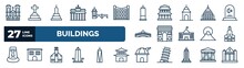 Set Of Buildings Web Icons In Outline Style. Thin Line Icons Such As Notre Dame, Brandenburg Gate, Trade Center, Capitol Building, Arc De Triomphe, Chuch, Moot Hall, Space Vector.