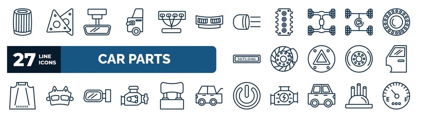 Poster - set of car parts web icons in outline style. thin line icons such as car oil filter, car petrol cap, headlight, suspension, disc brake, door, wing mirror, ignition vector.