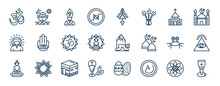 Set Of Religion Web Icons In Outline Style. Thin Line Icons Such As Hinduism, Nihilism, Christianity, Hamsa, Prayer, Cao Dai, Islam, Asceticism Vector.