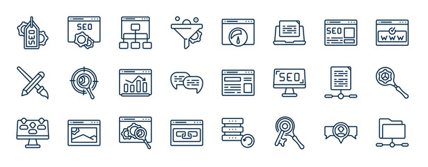 Poster - set of search engine optimization web icons in outline style. thin line icons such as tags, funnel, home page, targeting, site, search engine, monitoring, keywords vector.