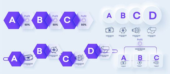 Leinwandbilder - A set of colorful infographics in the design of glass morphism, glass diagrams of business processes with step circles. Isolated business infographics on a white background.