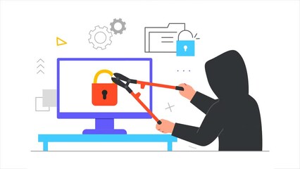 Poster - internet fraud and hacker attack video concept. moving male cybercriminal breaks lock and tries to g