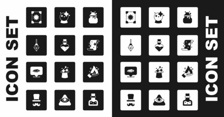 Sticker - Set Witch cauldron, Bottle with potion, Magic stone, Ancient magic book, scroll, ball, Hand holding fire and icon. Vector