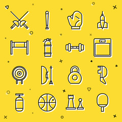 Sticker - Set line Racket for playing table tennis, Fencing helmet mask, Bathroom scales, Baseball glove, Aqualung, Volleyball net, and Dumbbell icon. Vector