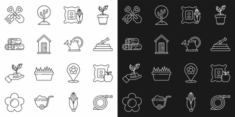 Sticker - Set line Garden hose or fire hose, Apple in the sack, Corn, Farm house, Wooden logs, Shovel and rake and Watering can icon. Vector