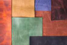 Pieces Of The Colored Leathers. Raw Materials For Manufacture