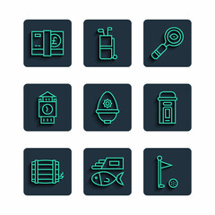 Sticker - Set line Wooden barrel, Fish and chips, Golf flag, Magnifying glass, British police helmet, Big Ben tower, Pound sterling money and London phone booth icon. Vector