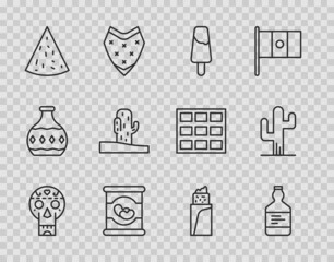 Sticker - Set line Mexican skull, Tequila bottle, Popsicle ice cream, Beans in, Nachos, Cactus, Burrito and icon. Vector