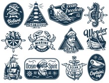 Nautical Marine Sailor Prints, Captain Cap, Anchor And Bollard, Sea Wanderer, Ocean Spirit, Seafarer Emblems