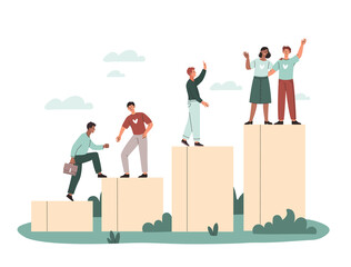 Poster - team building concept. man helps another to climb column, stages of forming good relationship betwee