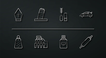 Set line Pope hat, Grater, Sport racing car, Perfume, Coliseum Rome, Tower Pisa, Rolling pin and Mascara brush icon. Vector