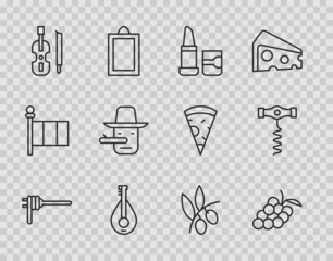 Sticker - Set line Pasta spaghetti, Grape fruit, Lipstick, Mandolin, Violin, Pinocchio, Olives branch and Wine corkscrew icon. Vector