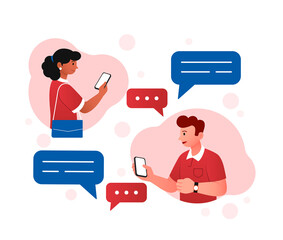 Poster - people sending message. man and girl communicate in social networks, modern technology and digital w