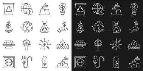 Sticker - Set line Power station plant factory, Water energy, Plant in hand, Factory, Battery with recycle, Earth globe leaf, Recycle bin and Garbage bag icon. Vector