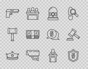 Canvas Print - Set line Police cap with cockade, Justice law in shield, Flasher siren, Security camera, Pistol or gun, Bribe money cash, Judge and gavel icon. Vector