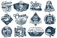 Nautical Marine Sailor Prints, Captain Cap And Bollard, Sea Ship Wanderer, Ocean Spirit, Seafarer Walrus