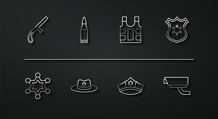 Poster - Set line Police rubber baton, Hexagram sheriff, badge, cap with cockade, Sheriff hat, Bullet, Security camera and Bulletproof vest icon. Vector