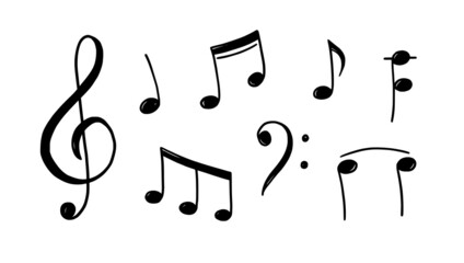 Poster - Music note doodle drawn style. Hand drawn sketch musical note, key element. Melody symbol, black shape vector illustration.