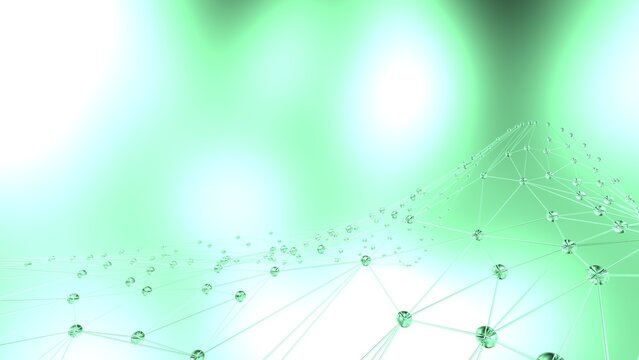 Clear glass atom structure on soft green background. Concept of biological science, network technology and human strategy. 3D CG. 3D high quality rendering. 3D illustration.