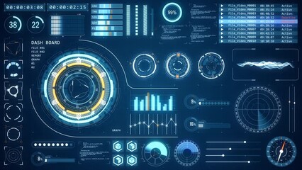 Poster - motion graphic of blue head up display ( hud ui ) technology interface screen with futuristic elemen