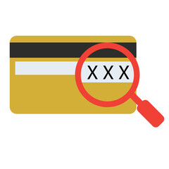 CVV code icon on white background. CVV code icon with credit card and magnifying glass sign. flat style.