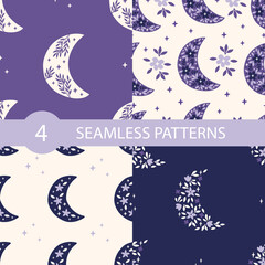 Wall Mural - Floral moon vector seamless pattern set. Trendy illustration with flower, stars. Print for fabric design, textile, kids and baby clothes, digital paper, wallpaper, cover.