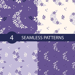 Wall Mural - Floral moon vector seamless pattern set. Trendy illustration with daisy flower, stars on very peri background. Print for fabric design, textile, kids and baby clothes, digital paper, wallpaper.