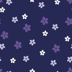 Wall Mural - Floral vector seamless pattern. Colorful flower on navy blue background. Modern drawing. Botanical fabric, nursery print, digital paper, textile design, kids and baby clothes, scrapbooking, cover.