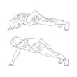 Man doing two finger push up exercise. Two stages of push ups sketch illustration.