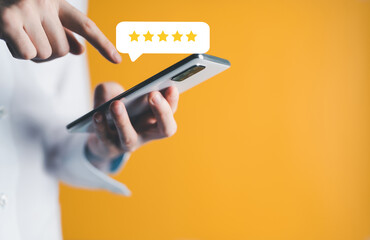 hand touch phone review 5 star,feedback client,service excellent,person holding phone