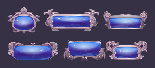 Poster - Fantasy buttons with silver frames for rpg game. Vector game user interface elements different shapes. Cartoon set of blank old blue banners with fancy metal borders isolated on background