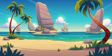 Tropical Beach Landscape With Palm Trees, Golden Sand And Rocks In Blue Water Under Sky With Fluffy Clouds. Beautiful Paradise Seaside, Island In Ocean, Game Location, Cartoon 2d Vector Illustration