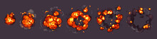 Cartoon Bomb Explosion Storyboard. Clouds, Boom And Smoke Animation Frame For Mobile Game. Dynamite Danger Explosive Detonation, Atomic Comics Fire Motion Isolated Vector Explode Sprite Sheet Set