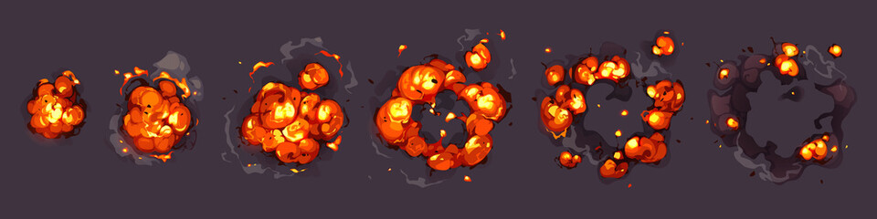 Cartoon bomb explosion storyboard. Clouds, boom and smoke animation frame for mobile game. Dynamite danger explosive detonation, atomic comics fire motion isolated vector explode sprite sheet set