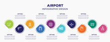 Airport Concept Infographic Design Template. Included Bath Towel, Airplane And Airport Tower, Streetcar, Airport Security Portal, Life Bouy, Open Passport, Directions Arrows, Prayer Room, Worker For