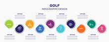 Golf Concept Infographic Design Template. Included Diving Belt, Baseball Ball, Sheave, Skydiver, Bowman, Lift Bag, Crank, Chase, Golf Caddy For Abstract Background.