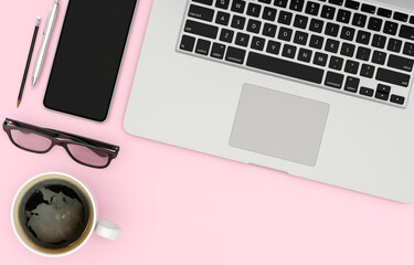 Wall Mural - Laptop, smartphone and coffee cup copy space on pink table background, 3d rendering