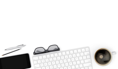 Wall Mural - Keyboard, smartphone and coffee cup on white table, top view with copy space, 3d illustration