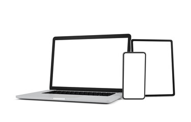 laptop, smart phone and tablet with blank screen isolated on white background, 3d illustration, clip
