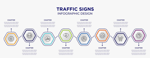 Wall Mural - traffic signs concept infographic template with 8 step or option. included oxidant, bridge road, videochat, heavy vehicle, hard, descending icons for abstract background.