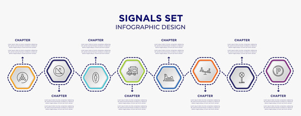 Wall Mural - signals set concept infographic template with 8 step or option. included converging, upstairs, jitney, baby toilet, children on teeter totter, parking hexagonal icons for abstract background.