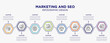 marketing and seo concept infographic template with 8 step or option. included data cloud, responsive marketing, add link, justice balance, optimizer, rating stars icons for abstract background.