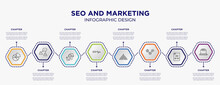 Seo And Marketing Concept Infographic Template With 8 Step Or Option. Included Diagrams, Buzz, Aerial Advertising, Null, Mass Media, Ppc Icons For Abstract Background.