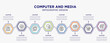 computer and media concept infographic template with 8 step or option. included wireless conection, cloud computing user, uploading from computer, document with lines, vintage camera, icons for