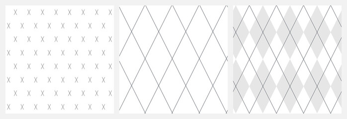 Wall Mural - Argyle seamless pattern set. Simple monochrome diamond, diagonal crossing lines and x mark coordinating vector designs.