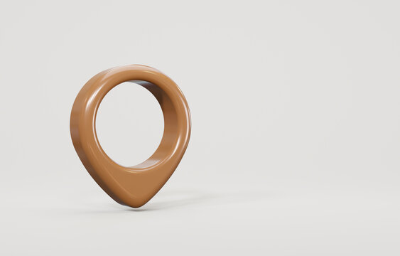 Brown map pointer pin. Location symbol on gray background. 3d illustration.